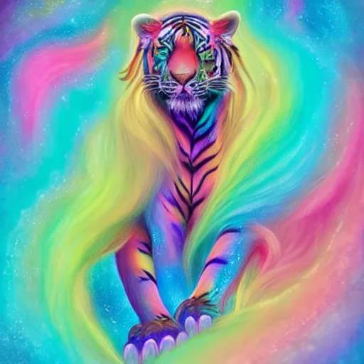 Prompt: Rainbow tiger roaring, silky pastel rainbow fur, chromatic aberration, cute, playful, harper's bazaar, pearlescent, featured on artstation, by Lisa Frank, by Moebius, by Kelly McKernan, by Charlie Bowater, by Laura rubin, 8k