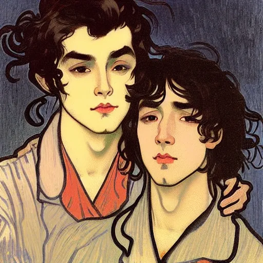 Image similar to painting of young cute handsome beautiful dark medium wavy hair man in his 2 0 s named shadow taehyung and cute handsome beautiful min - jun together at the halloween! party, bubbling cauldron!, candles!, smoke, autumn! colors, elegant, wearing suits!, clothes!, delicate facial features, art by alphonse mucha, vincent van gogh, egon schiele