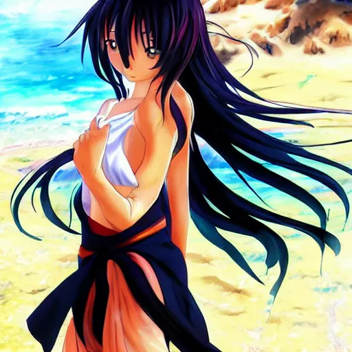 Image similar to anime style, vivid, expressive, full body, 4 k, painting, a cute magical woman with a long wavy black hair at beach, stunning, realistic light and shadow effects, centered, simple background, ikki tousen, studio ghibly makoto shinkai yuji yamaguchi