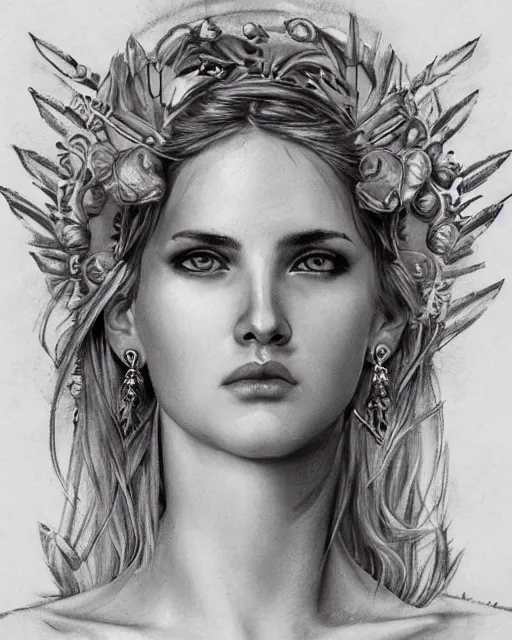 Prompt: beautiful aphrodite greek goddess wearing a laurel wreath and arrowhead earrings, hyper - realistic tattoo sketch, beautiful piercing eyes with sharp pupils, beautiful blonde hair, in the style of greg rutkowski, fantasy, amazing detail, epic, elegant, smooth, sharp focus