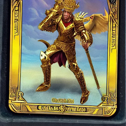 Prompt: a human king holding a golden sword and a golden shield riding a griffin, fantasy card game art