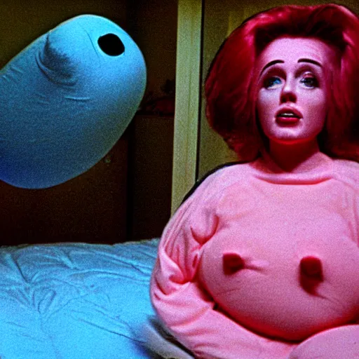 Prompt: still from a 1980 arthouse film about a depressed housewife dressed as a squishy inflatable toy who meets a handsome younger man in a seedy motel room, color film, 16mm soft light, weird art on the wall