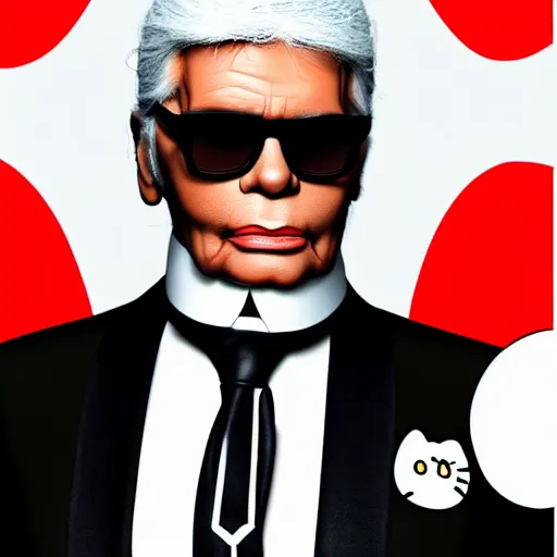 Image similar to photograph of Karl Lagerfeld wearing a hello kitty tshirt , highly detailed, 8k, cinematic,