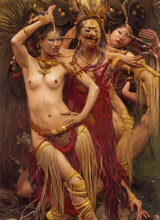 Prompt: hyper realistic painting of warao dance, yanomami, gold ornaments, flowing fabric, intrincate detail, detailed faces by wayne barlowe, gustav moreau, goward, gaston bussiere and roberto ferri, santiago caruso, and austin osman spare, ( ( ( ( occult art ) ) ) ) bouguereau, alphonse mucha, saturno butto