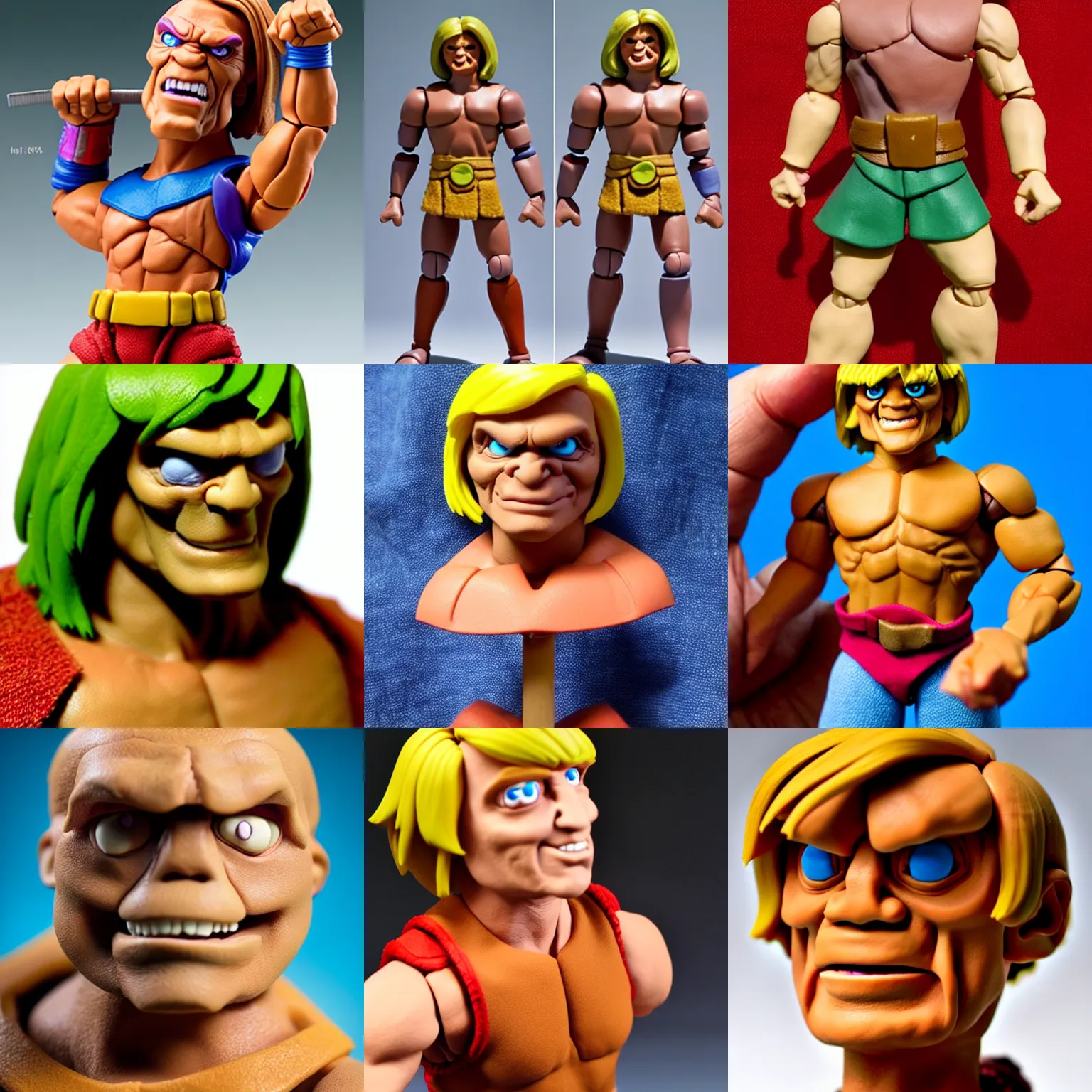 Prompt: real he-man by mattel!! clay! close detailed sculpted head , style: claymation puppet kids clay , by guldies