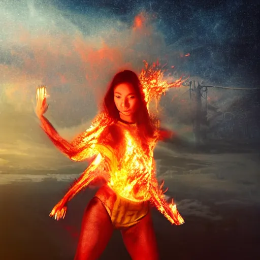 Image similar to a woman on fire, city on fire, giant, photoshop, sci - fi, creative and cool, photo manipulation, in another planet