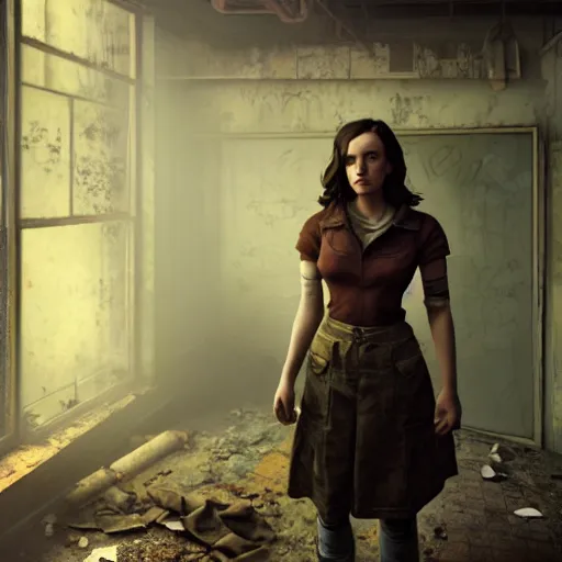 Prompt: fallout 5, charismatic beautiful rugged brunette female protagonist, portrait, indoors dilapidated store interior, atmospheric lighting, painted, intricate, volumetric lighting, beautiful, daytime, overcast weather, sharp focus, deep colours, ultra detailed, by leesha hannigan, ross tran, thierry doizon, kai carpenter, ignacio fernandez rios