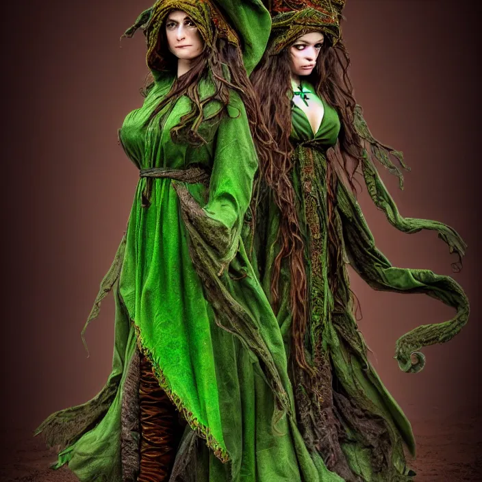 Image similar to full length photo of a very beautiful!! elemental earth witch with ornate green and brown robes, highly detailed, 4 k, hdr, smooth, sharp focus, high resolution, award - winning photo