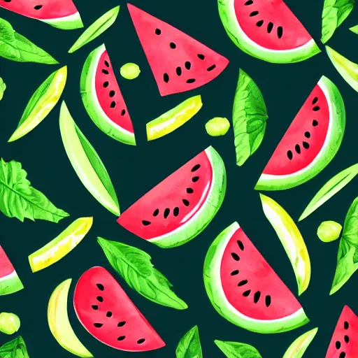 Prompt: retro, hd illustration of watermelons and lemons, mint leaves, inspired by watercolor masterpieces, trending on behance, 4 k