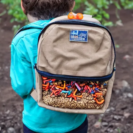 Prompt: a backpack filled with dirt and worms