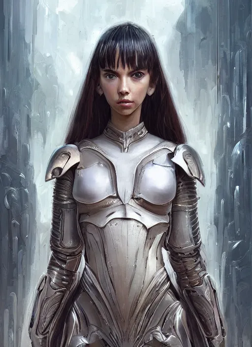 Image similar to a professional painting of a beautiful young female alien, clothed in ethereal armor, olive skin, long dark hair, beautiful bone structure, symmetrical facial features, intricate, elegant, digital painting, concept art, smooth, sharp focus, illustration, from Valerian and the City of a Thousand Planets, by Ruan Jia and Mandy Jurgens and Artgerm and William-Adolphe Bouguerea