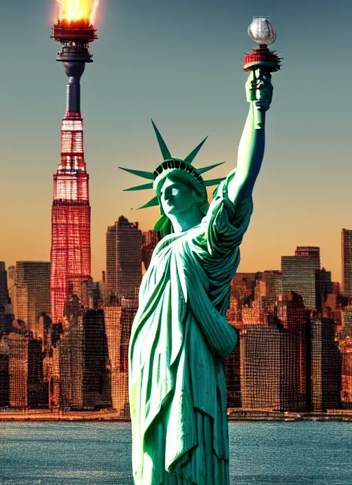 Image similar to red version of the statue of liberty holding a green torch with new york in the backround, new york, hd, statue of liberty, daytime, 4 k, octane render, ultra detail