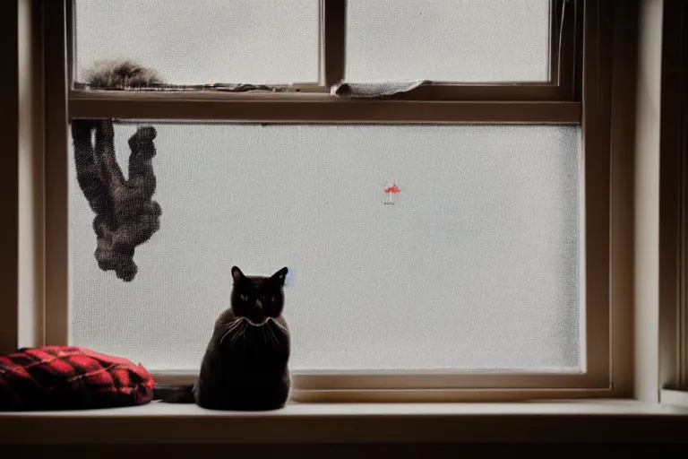 Image similar to cat sitting on the windowsill wrapped in a plaid plaid, Mushroom cloud far behind