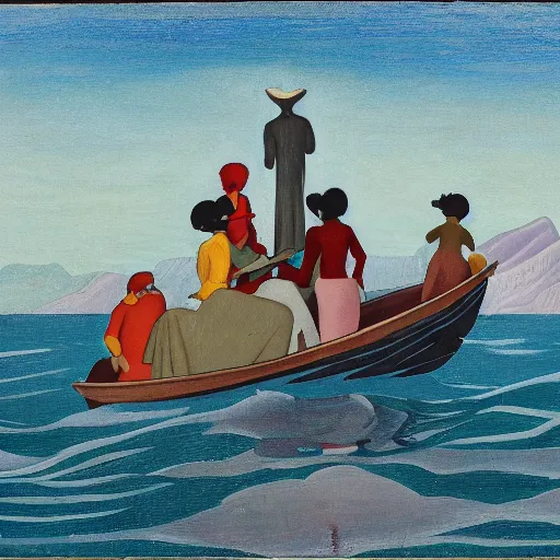 Prompt: by lawren harris monumental, washed - out. the sculpture of a group of well - dressed women & children enjoying a leisurely boat ride on a calm day. the women are chatting & laughing while the children play with a toy boat in the foreground.