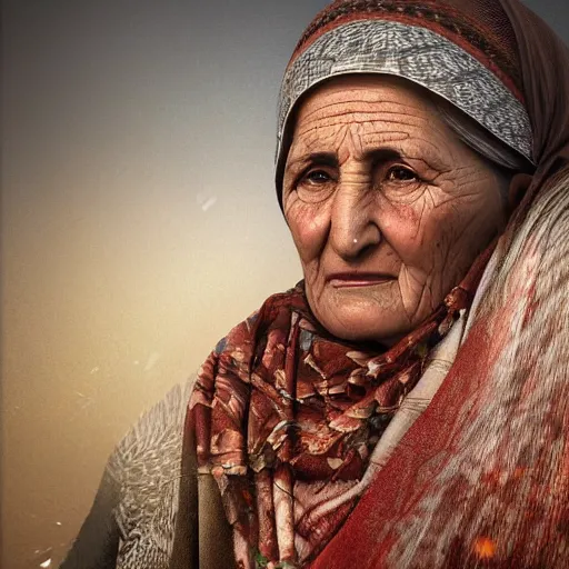 Image similar to hyperrealistic mixed media high resolution image of a beautiful Kurdish grandmother, stunning 3d render inspired art by István Sándorfi and Greg Rutkowski and Unreal Engine, perfect symmetry, 8k octane beautifully detailed render, post-processing, extremely hyper-detailed, intricate, epic composition, highly detailed attributes, highly detailed atmosphere, full body shot, cinematic lighting, masterpiece, trending on artstation, very very detailed, masterpiece, stunning, perfection,