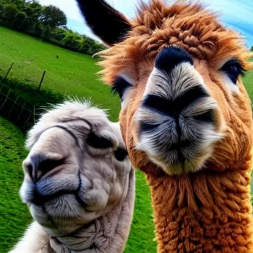 Prompt: selfie photobomb by an alpaca