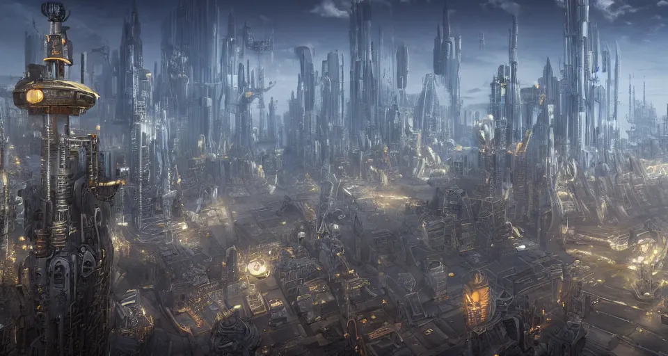 Image similar to view on futuristic city in the horizon, in style of steampunk, detailed, sharp, 8 k