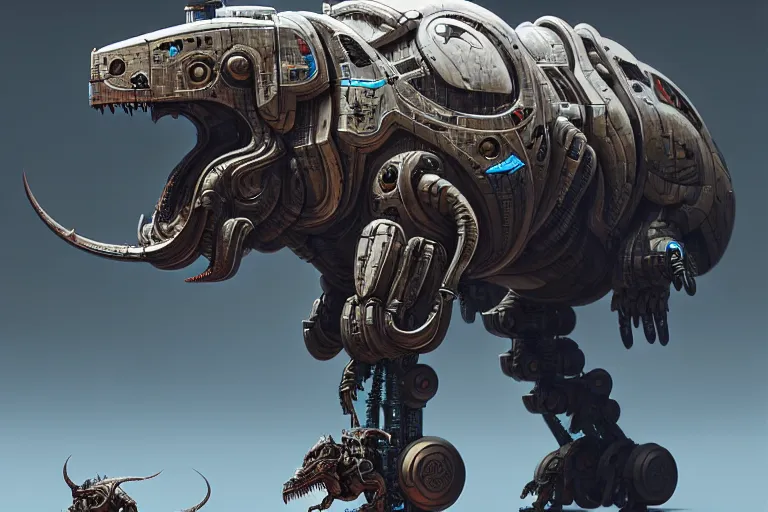 Image similar to triceratops in a cyborg mech suit, by alexandre ferra, zezhou chen, peter gric, mohamed reda and hr giger, hyper detailed, screen print, character concept art, realistic, coherent, octane render, zbrush central, behance hd, hypermaximalist