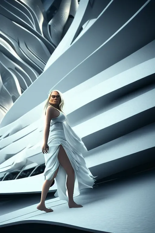 Image similar to a futuristic scene with an log blonde haired woman in a white flowing dress, in front of a zaha hadid building, cinematic matte painting, extreme detail photo quality, dark moody colors, featured on behance