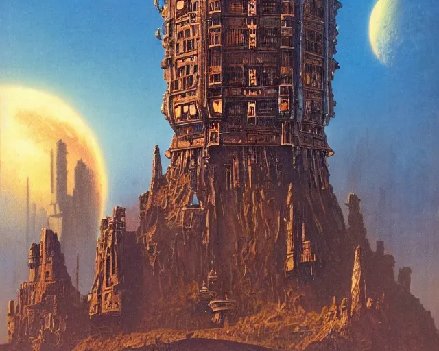 Prompt: steampunk tower by ralph mcquarrie and frank lloyd frank lloyd and bruce pennington and ted nasmith