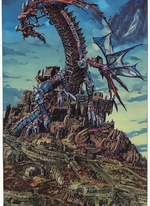 Prompt: detailed fantasy comic book drawing of a ( giant mechanical dragon ) over a ( stronghold castle ) by dariusz zawadski and simon stalenhag, simon bisley!, jack kirby!!! and gris grimly, cinematic, epic, awesome color palette, hard contrast, ink outlines