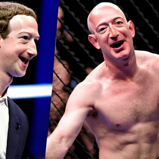 Image similar to mark zuckerberg fighting jeff bezos in the octagon ufc