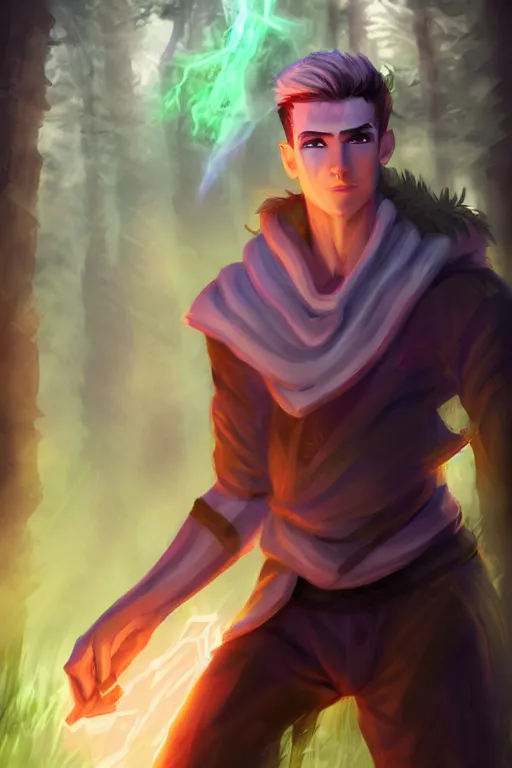 Prompt: a human elemental sorcerer, forest setting, colorful magic, male, white skin, young, sharp focus, concept art, dynamic lighting, unreal engine, by emylie boivin 2. 0 | kyle herring 1. 0