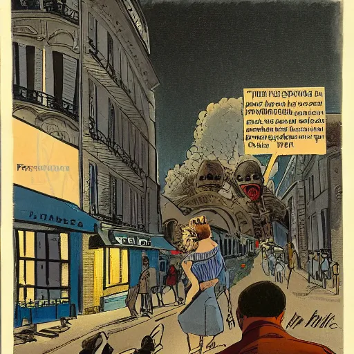 Prompt: a typical Parisian street, in the foreground a man and a woman from behind, in the back at the bottom of the street a spaceship destroying buildings, dc comics style, multiple details