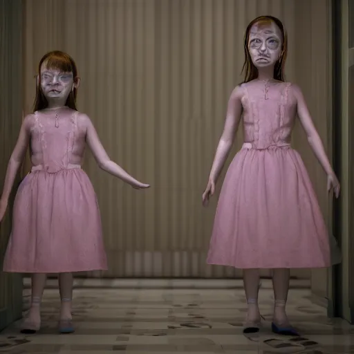 Image similar to twin girls standing at the end of a hotel hallway wearing dresses, 4 k, vintage, scary, scary movie, trending on artstation, uncanny valley