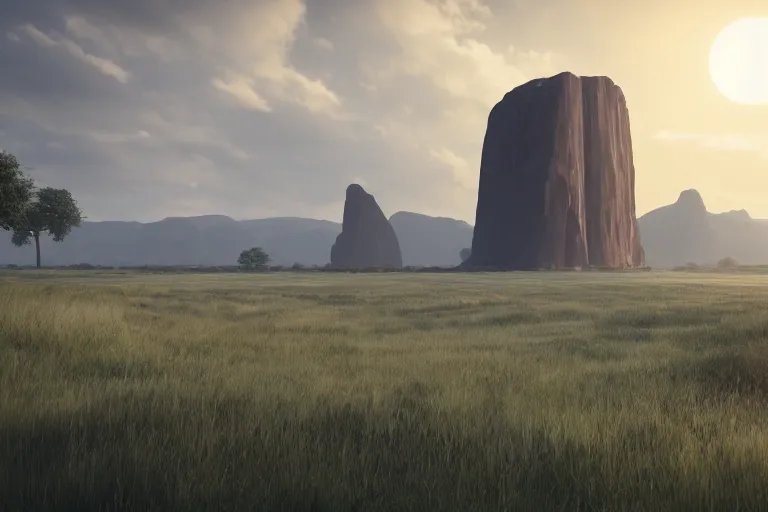 Prompt: a cinematic photograph of a enormous monolith in the middle of a vast serene landscape filled with rivers and trees blowing in the wind, the sun rises over the hilltops, hyper realistic, unreal engine 5, by beeple