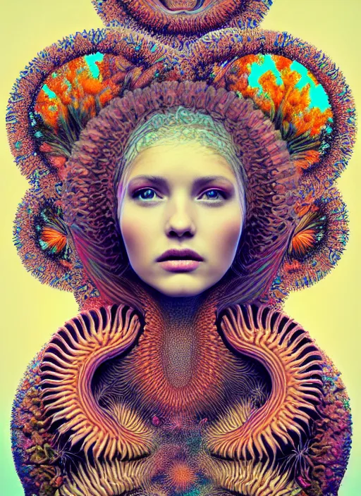 Prompt: ridiculously beautiful young womans face, radiating psychedelics, nature, coral, birds, symmetrical, in the style of ernst haeckel, effervescent, sacred geometry, warm, surrealism, photo realistic, epic and cinematic,