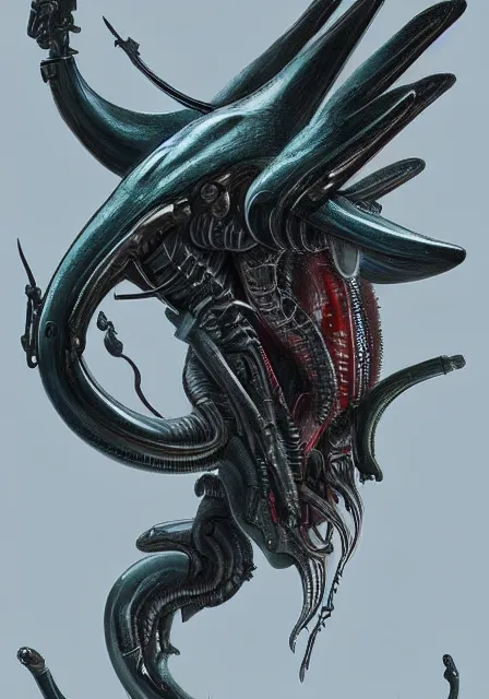 Prompt: a hummingbird - xenomorph, designed by h. r. giger, sci fi, intricate, extremely hyperdetailed, sharp focus, masterpiece, trending on artstation