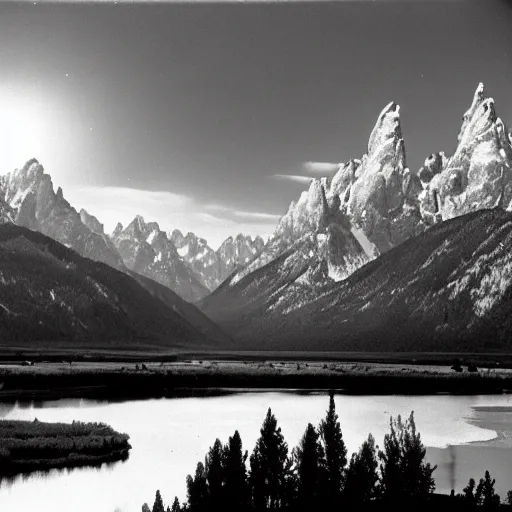 Image similar to the moon and the tetons and the snake river, by ansel adams,