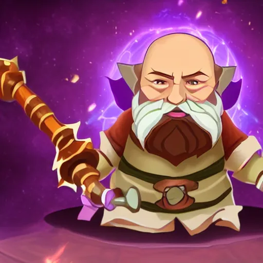 Image similar to dwarf alchemist carrying a staff with purple energy radiating from it, tomes and scrolls on his back, ling white beard, in the style of league of legends