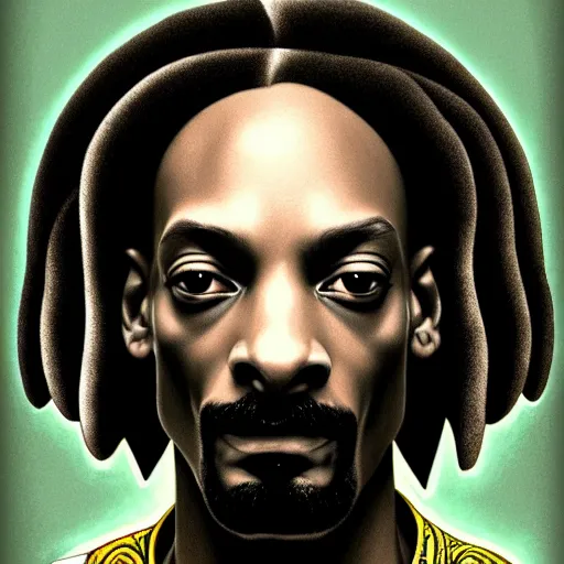 Image similar to symmetry portrait of snoop dogg, intricate, elegant, highly detailed, digital painting, artstation, concept art, smooth, sharp focus, illustration, art by artgerm and greg rutkowski and alphonse mucha