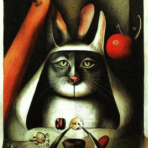 Prompt: stunning portrait of the cat of cheshire from alice in wonderland by hieronymus bosch