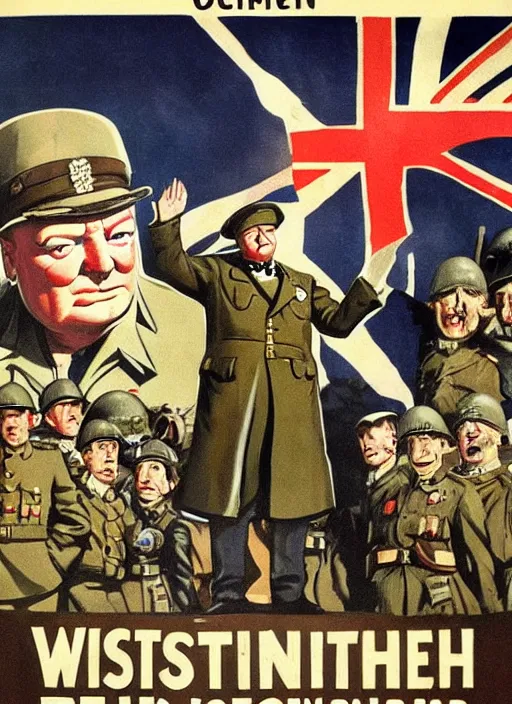 Image similar to winston churchill captain england 🦸 standing on a pile of defeated, beaten and broken german soldiers. captain england wins wwii. brittish wwii propaganda poster by james gurney and pixar. overwatch.