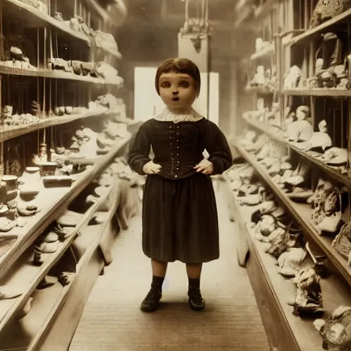 Prompt: human child standing in a victorian doll maker's shop looking at all of the dolls, 8 k, soft lighting, highly detailed realistic, face in focus 1 8 9 0's