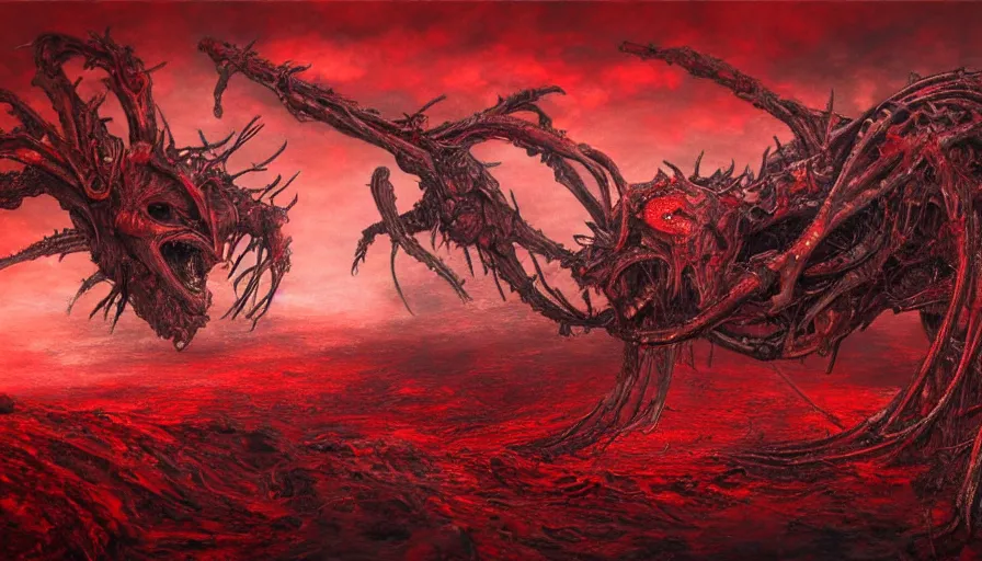 Image similar to landscape artwork of two demons hugging each other emerging from corpses in a red hellscape by Yoshitaka Amano, by HR Giger, full body wide shot, biomechanical, 4k, hyper detailed, hyperrealism, anime, red sky, blood and body parts, deviantart, artstation