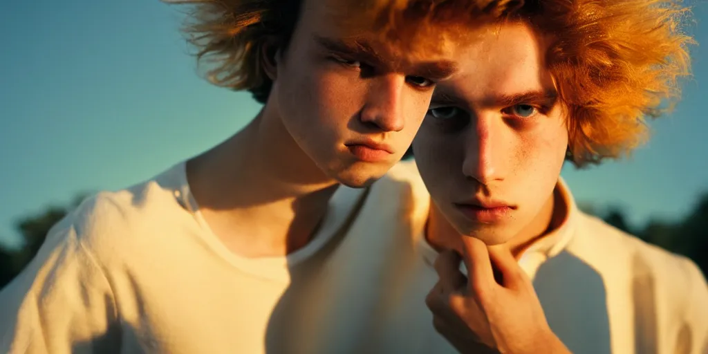 Image similar to handsome young man wearing a dress terror love pain joy fear moody lighting golden hour highly detailed sharp zeiss lens f 1 6 high contrast ryan mcginley