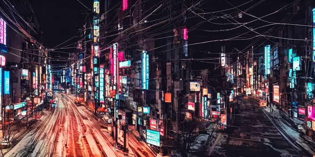 Image similar to a city street at night, snowing, photograph, cyberpunk, sharp focus, intricate detail, drone shot, high resolution, 8k, neon streetlights, wires hanging down everywhere, Japan, colourful, streets filled with cats