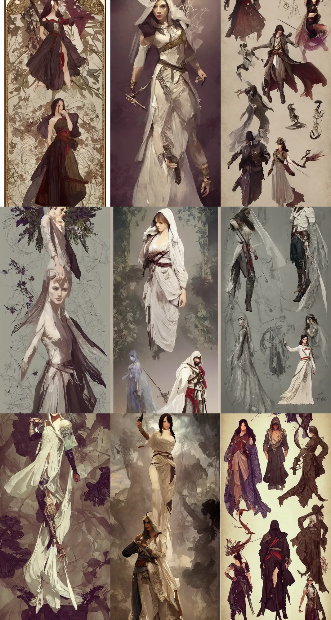 Prompt: Painterly character concept and fashion spot illustrations of an Assassin's Creed-themed wedding, full-body, bloom, dynamic poses, diaphanous cloth, bloom, god rays, studio lighting, intricate crystalline and feather jewelry, ornate, filigree, arcane, cinematic lighting, by Alphonse Mucha, by James Gurney, by Bouguereau, by Rubens, fantasy, portfolio illustration, highly detailed, trending on Artstation, CGsociety, Pixologic top row, rendered in Octane, rendered in Arnold, HQ, 8k, 35mm lens, f2.8, Bokeh,