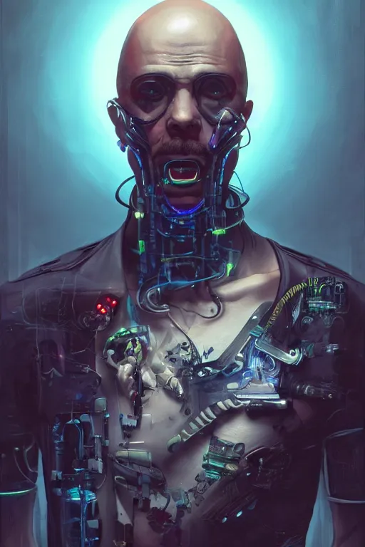 Image similar to a full body illustration of an male cyberpunk character wearing bionic implants, criminal mugshot, bald, bearded, highly detailed, oil on canvas, soft lighting, neon pastel colors, by WLOP and Greg Staples, HD, 4K