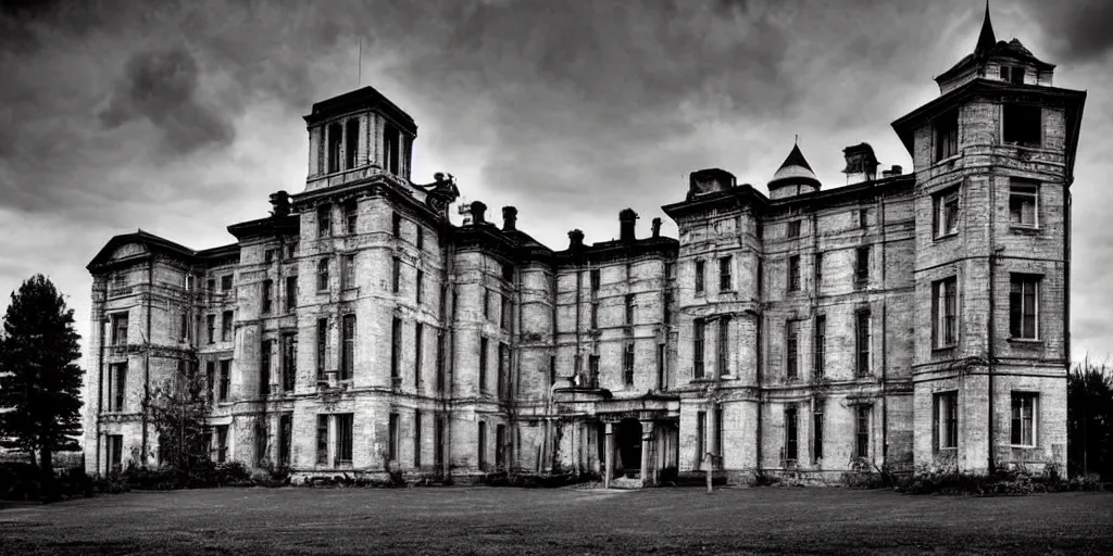 Image similar to Lunatic Asylum, exterior, majestic, detailed, epic scenery, dark fantasy, ominous, eerie