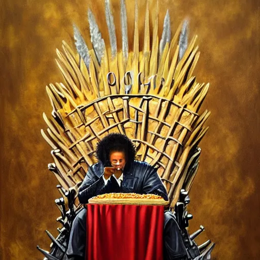 Image similar to intricate oil painting of barrack obama eating a cheese burger sitting on the iron throne, surrounded by his dragons, concept art, intricate, highly detailed, omnious atmosphere, trending on artstation