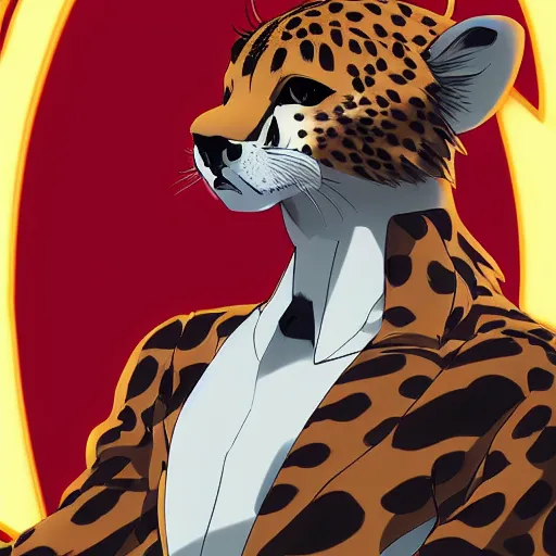 Image similar to modern anime portrait an anthro male cheetah furry fursona in an elegant outfit, handsome anime eyes, key anime visuals with anime environmental background