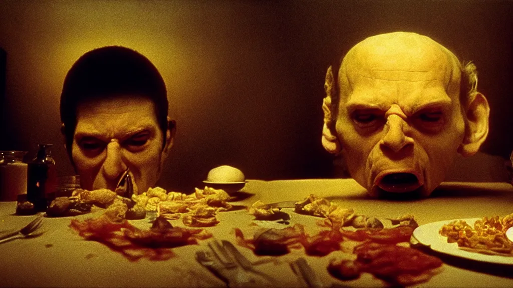 Image similar to the face with the plate of food under my bed, film still from the movie directed by denis villeneuve and david cronenberg with art direction by salvador dali and zdzisław beksinski, wide lens