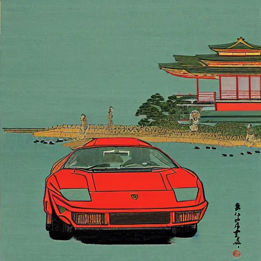 Image similar to ukiyo - e painting of a lamborghini