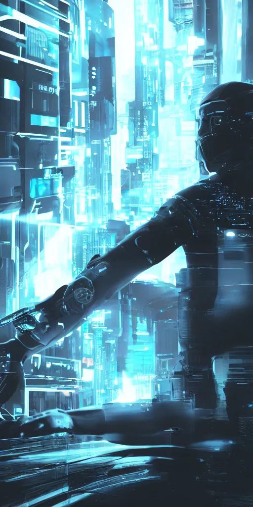 Image similar to concept art, supercomputer on the wrist, cyberpunk style, backlight, future technology, smooth lines, high detail, 8 k, octane rendering, unreal engine.