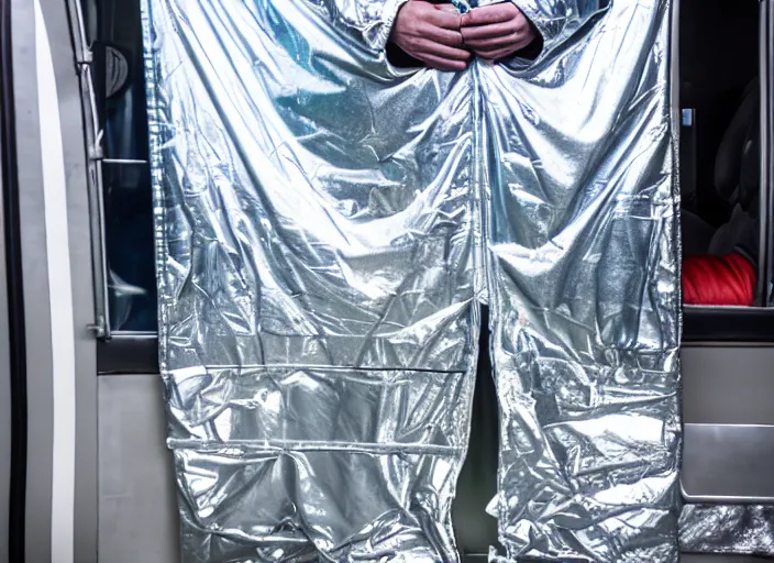 Image similar to man wrapped in foil standing on a buss cenimatic photography